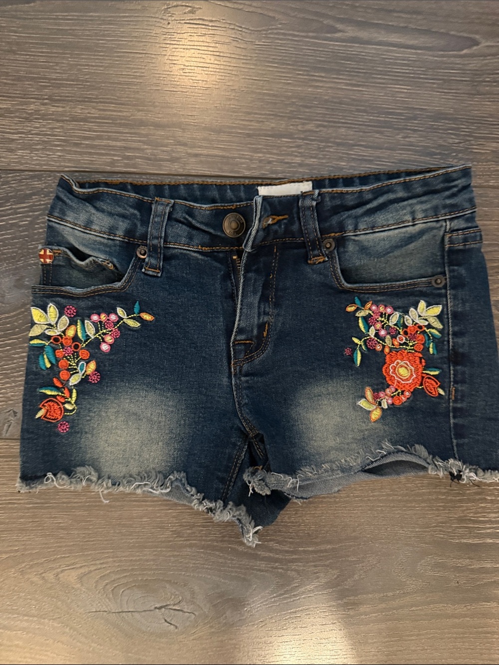 Hudson Jeans Dark Blue Denim Shorts with Multicolor Floral Embroidery